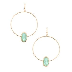 Gold Druzy Hoops Blue Stone Dangle Earrings